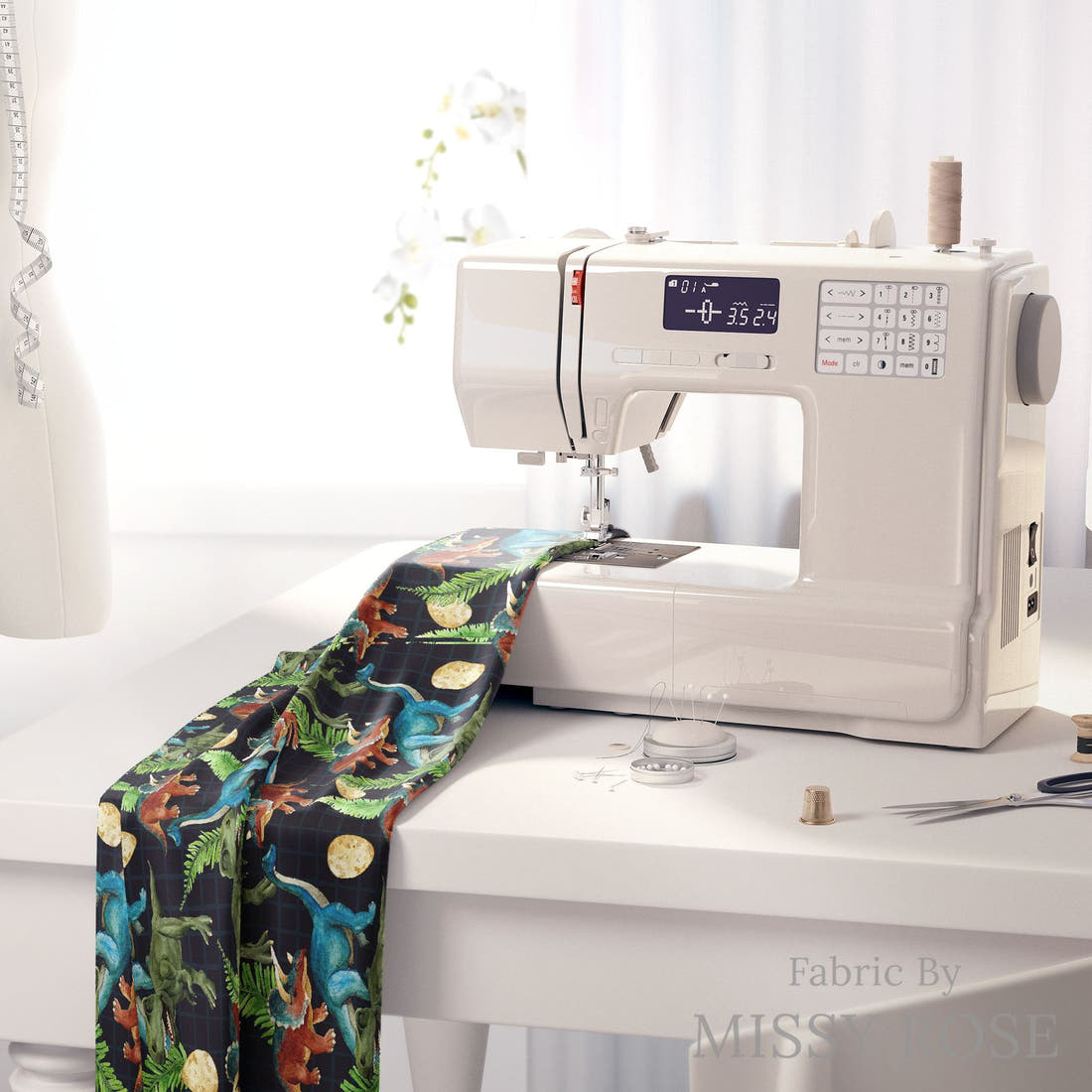 Design 266 Dinosaur Fabric on a sewing machine – premium fabric for sewing projects | Fabric by Missy Rose