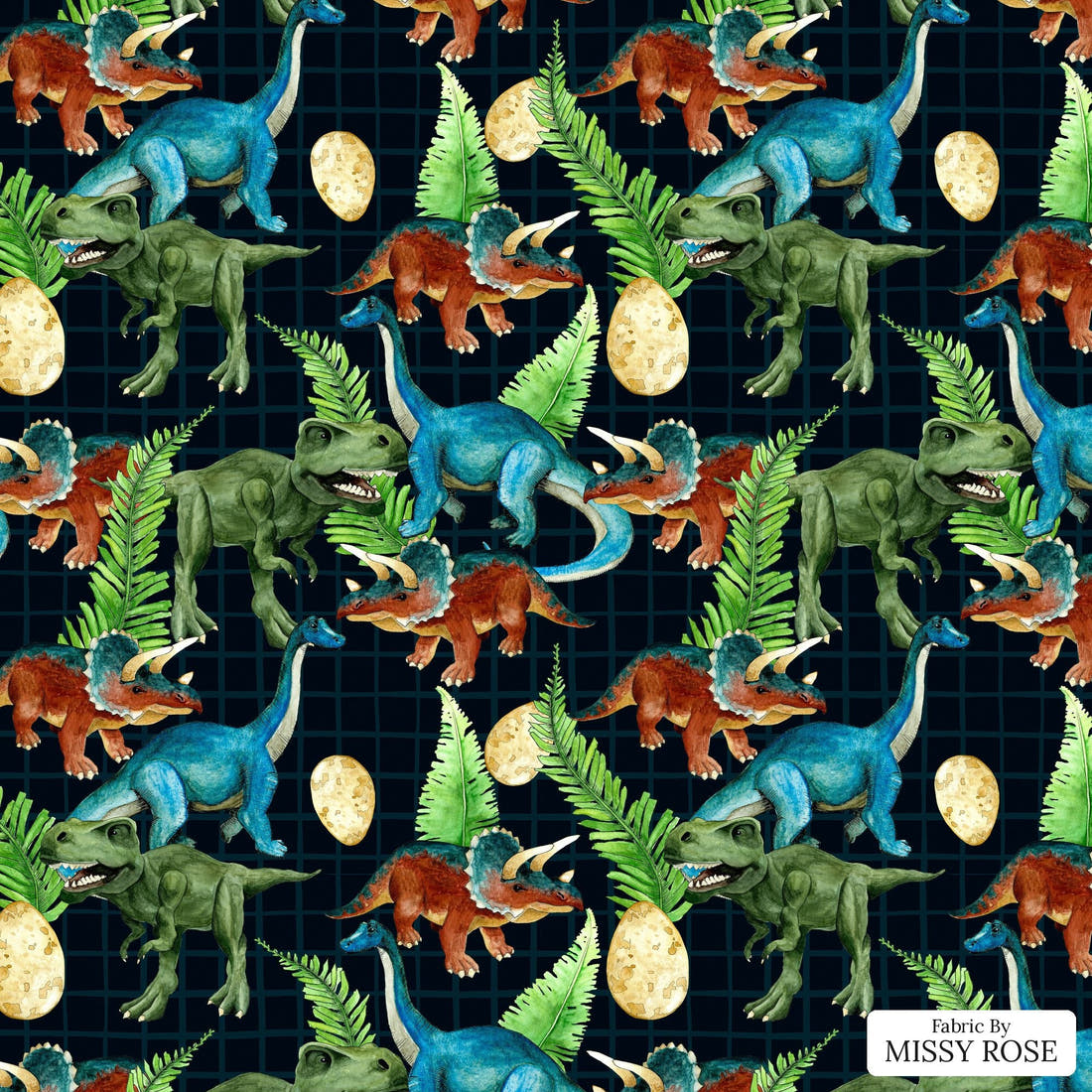 Design 266 Dinosaur Fabric - flat view of the print, zoom in for detail | Fabric by Missy Rose