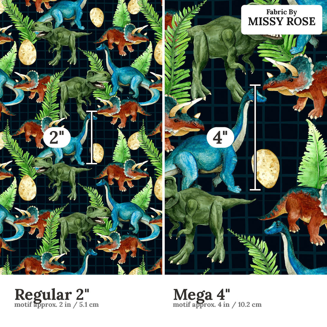 Design 266 Dinosaur Fabric size comparison - print scale | Fabric by Missy Rose