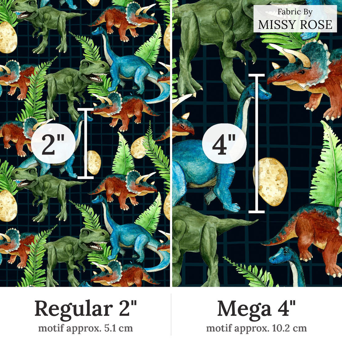 Design 266 Dinosaur Fabric Regular 2 inch vs Mega 4 inch print scale side by side | Fabric by Missy Rose