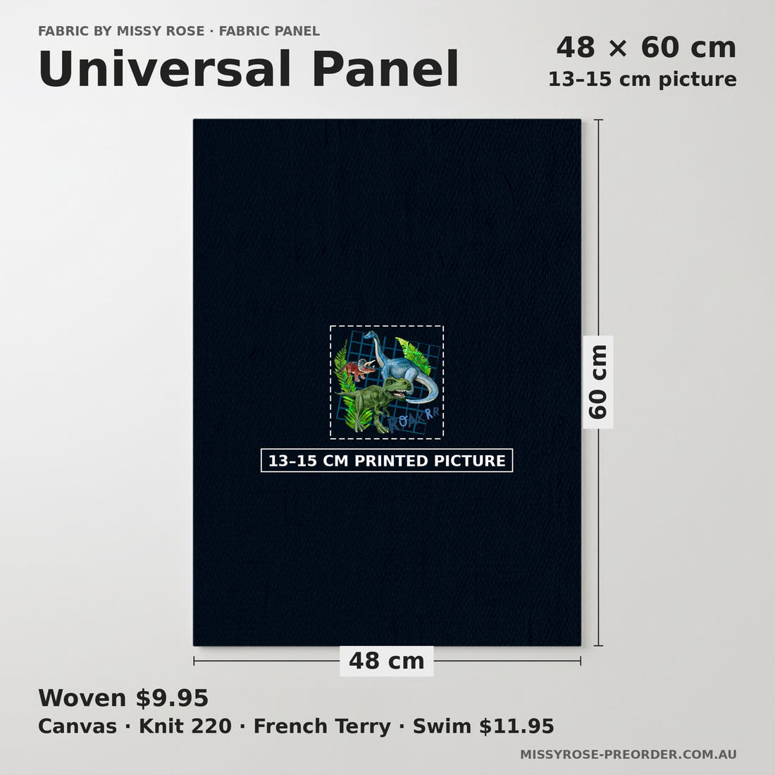 Design 266 Dinosaur Panel universal panel sizing – 13–15 cm printed picture on 48 × 60 cm fabric | Fabric by Missy Rose