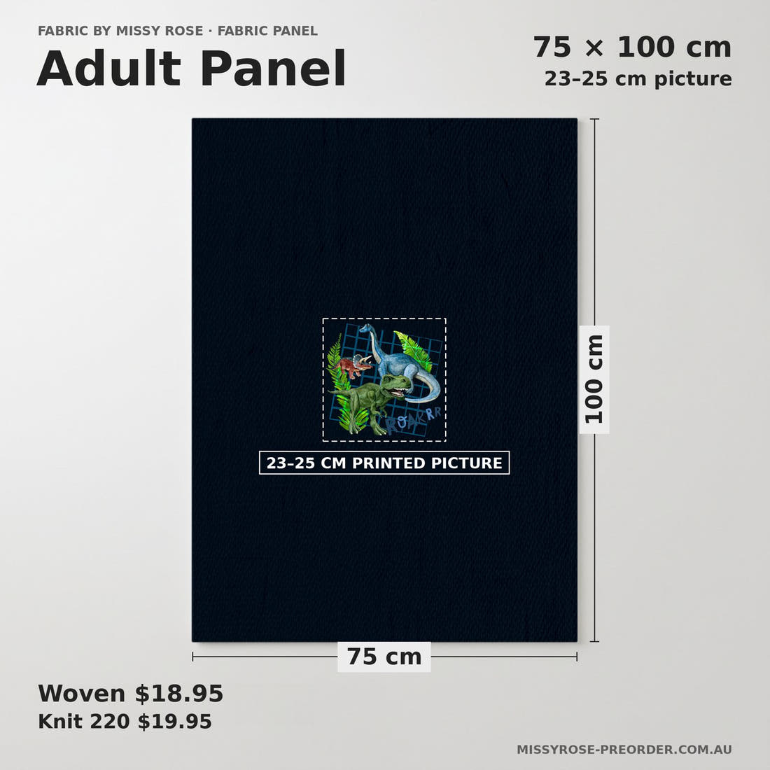 Design 266 Dinosaur Panel adult panel sizing – 23–25 cm printed picture on 75 × 100 cm fabric | Fabric by Missy Rose