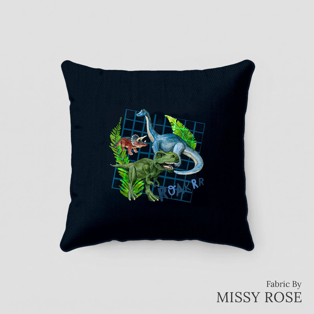 Design 266 Dinosaur Panel sewn into a cushion – see how the panel looks made up | Fabric by Missy Rose