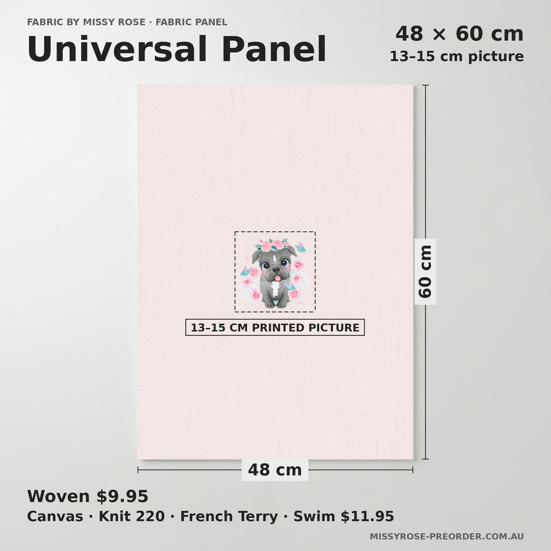 Design 267 Pink Dog Panel universal panel sizing – 13–15 cm printed picture on 48 × 60 cm fabric | Fabric by Missy Rose