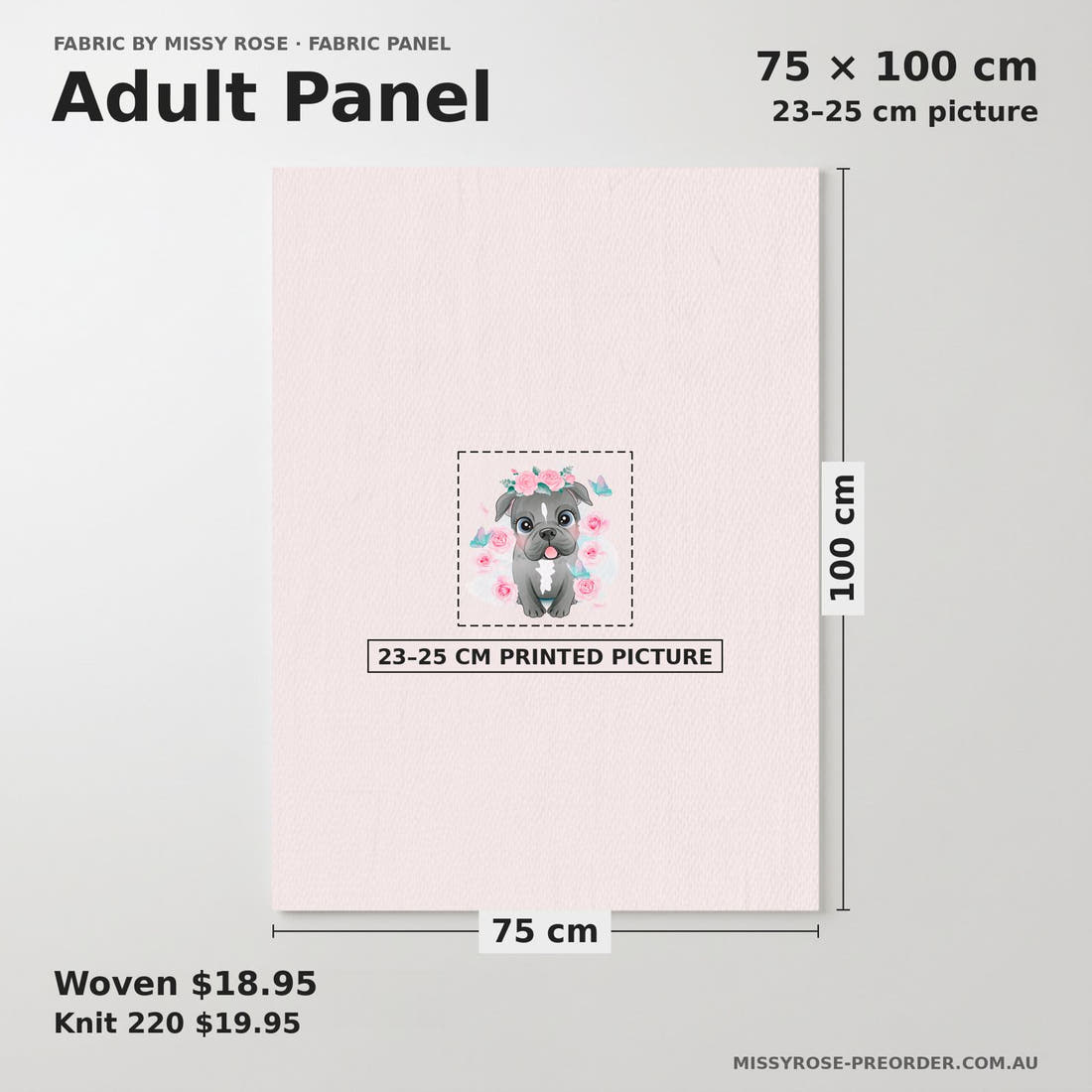 Design 267 Pink Dog Panel adult panel sizing – 23–25 cm printed picture on 75 × 100 cm fabric | Fabric by Missy Rose