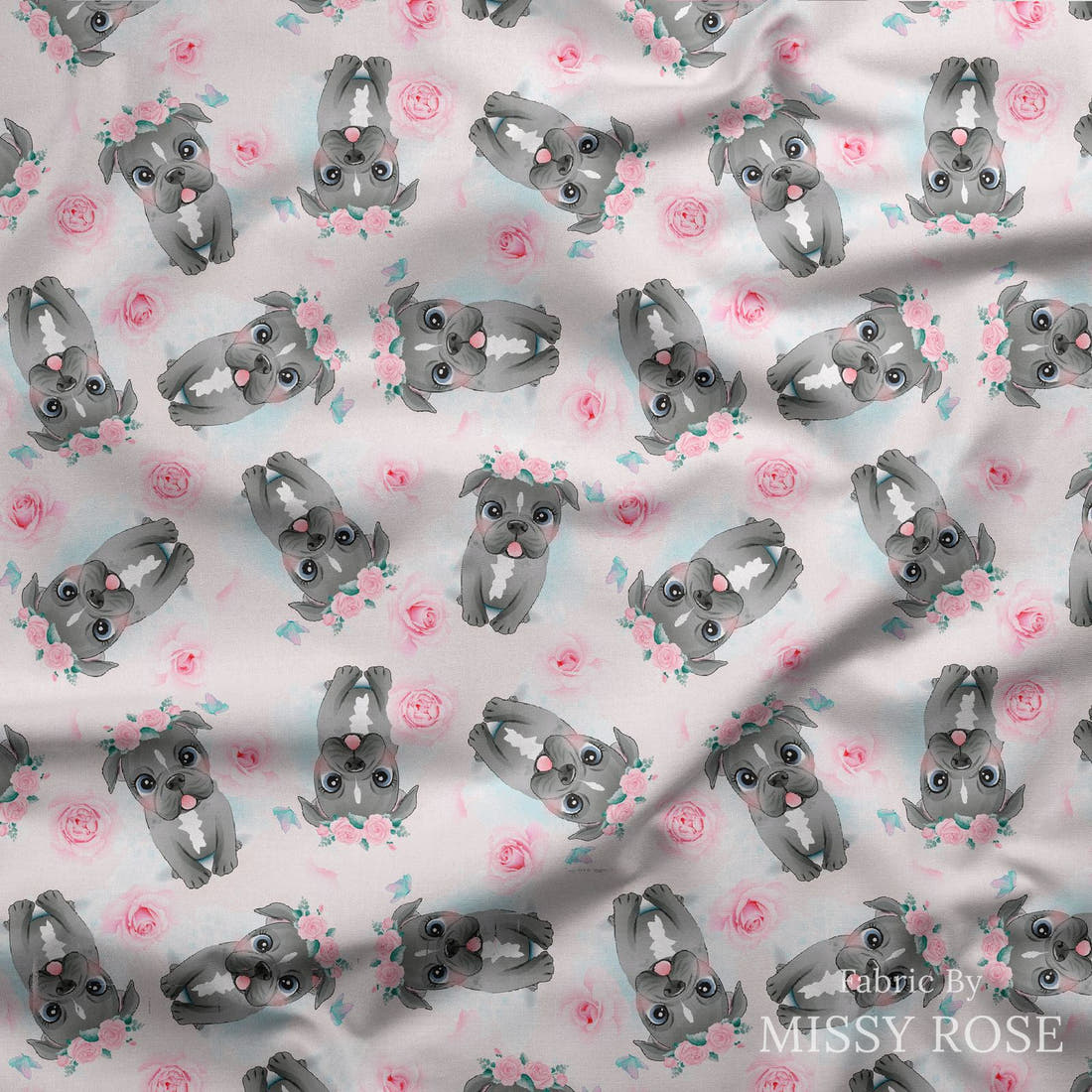 Design 267 Pink Dog Fabric draped fabric mockup – custom printed fabric by the metre | Fabric by Missy Rose