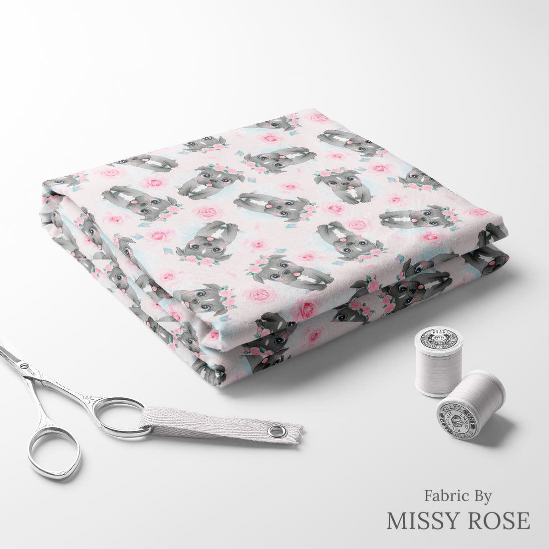 Design 267 Pink Dog Fabric folded fabric stack with matching thread – pre-order fabric Australia | Fabric by Missy Rose