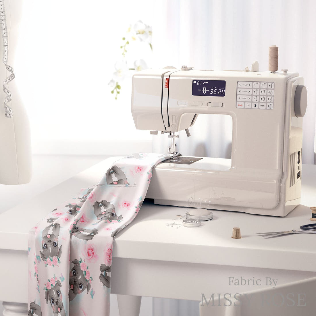 Design 267 Pink Dog Fabric on a sewing machine – premium fabric for sewing projects | Fabric by Missy Rose