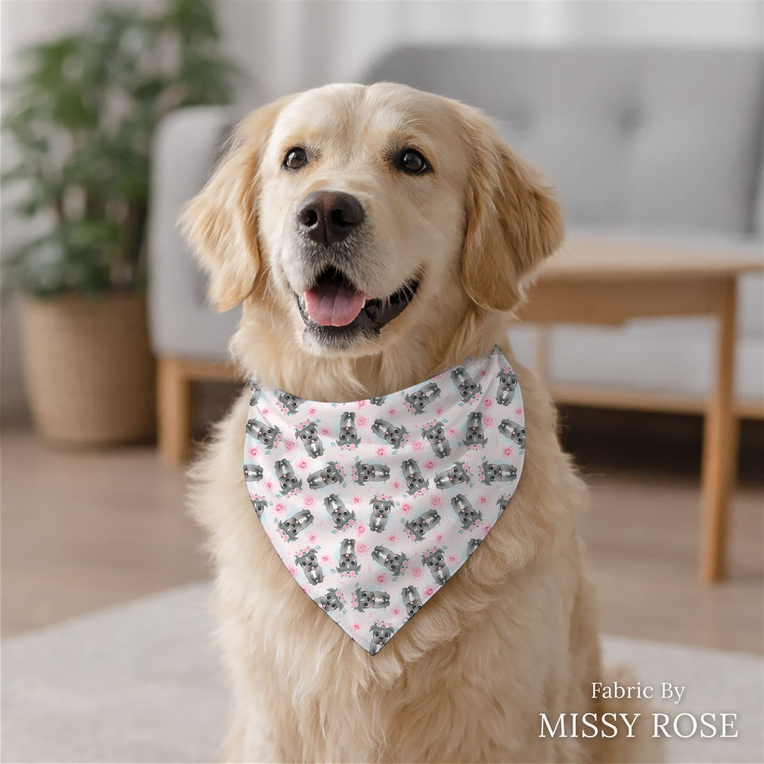 Design 267 Pink Dog Fabric sewn into a dog bandana – see how the print looks made up | Fabric by Missy Rose