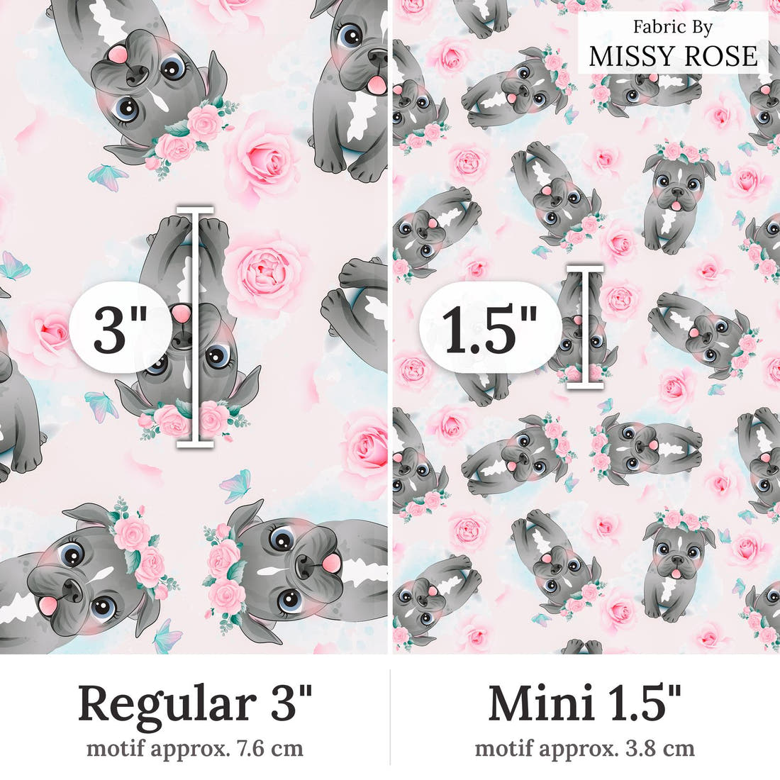 Design 267 Pink Dog Fabric Regular 3 inch vs Mini 1.5 inch print scale side by side | Fabric by Missy Rose