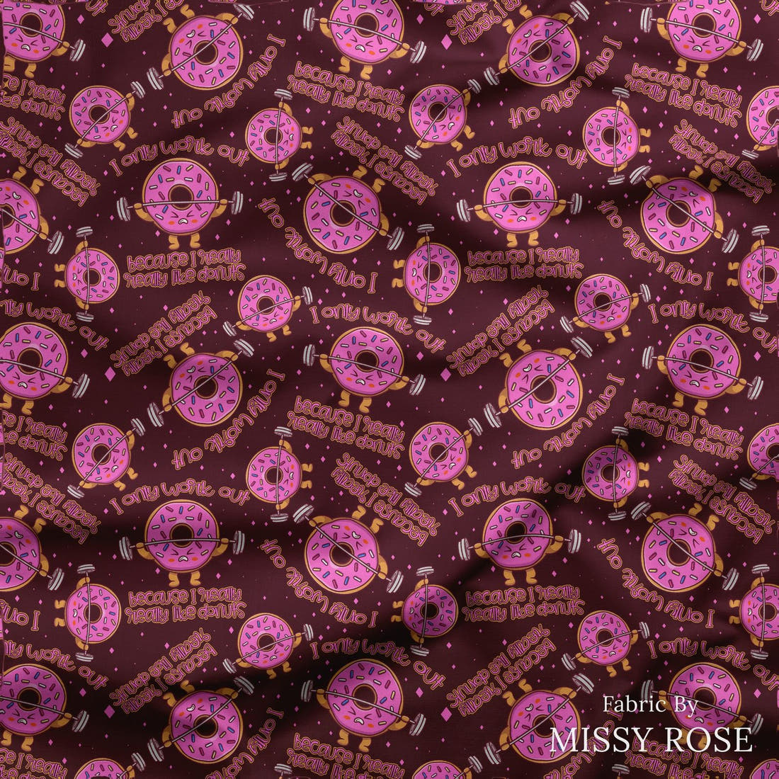 Design 268 Donut Fabric draped fabric mockup – custom printed fabric by the metre | Fabric by Missy Rose