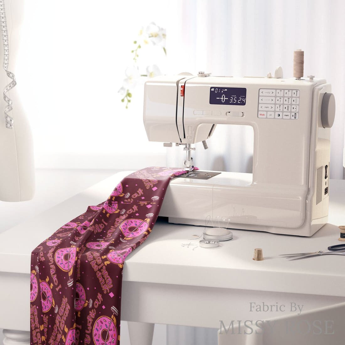 Design 268 Donut Fabric on a sewing machine – premium fabric for sewing projects | Fabric by Missy Rose