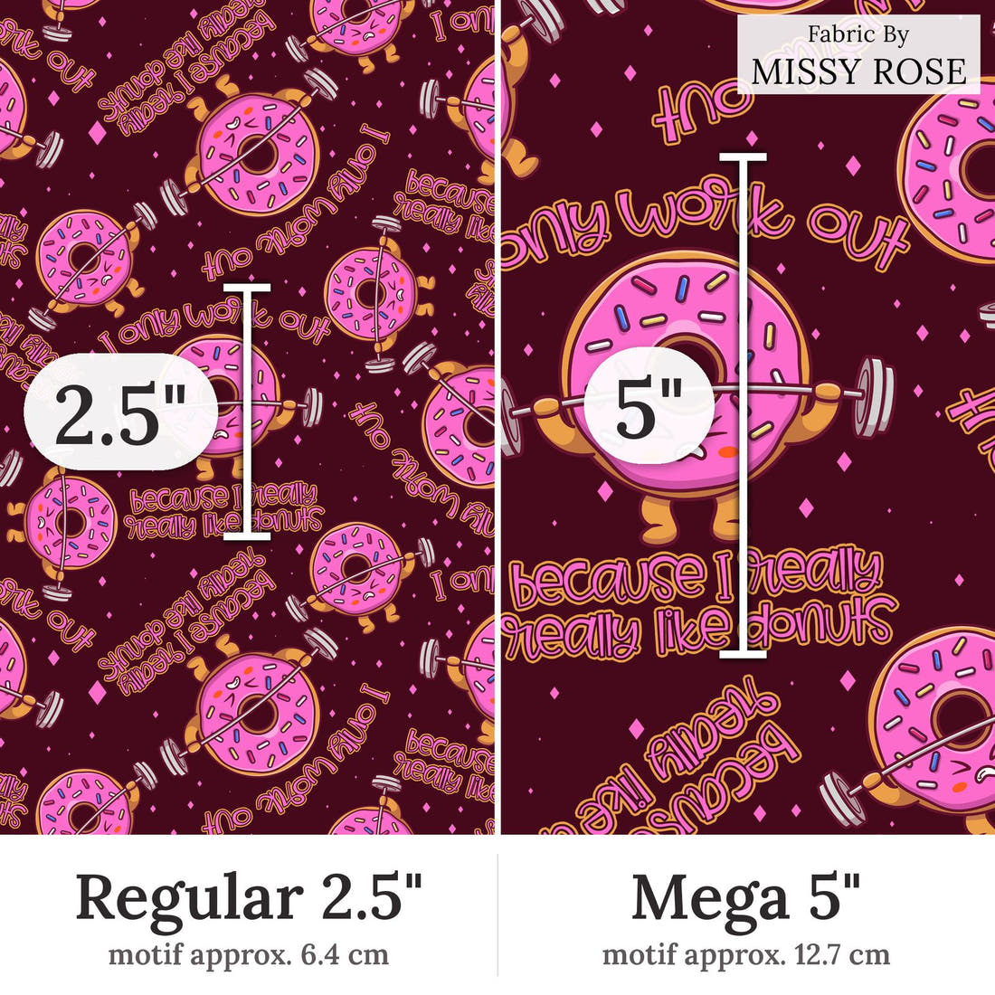 Design 268 Donut Fabric Regular 2.5 inch vs Mega 5 inch print scale side by side | Fabric by Missy Rose