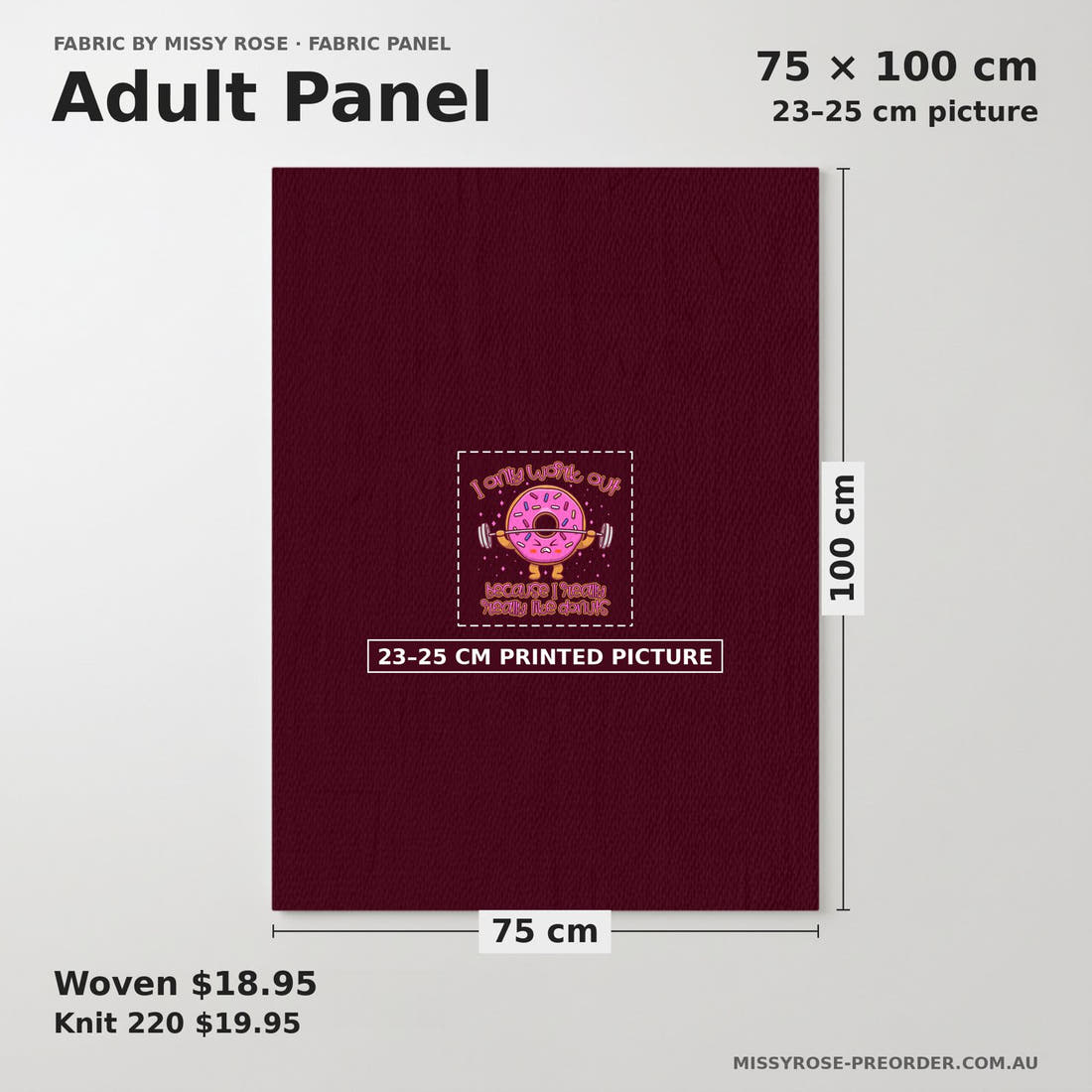 Design 268 Donut Panel adult panel sizing – 23–25 cm printed picture on 75 × 100 cm fabric | Fabric by Missy Rose