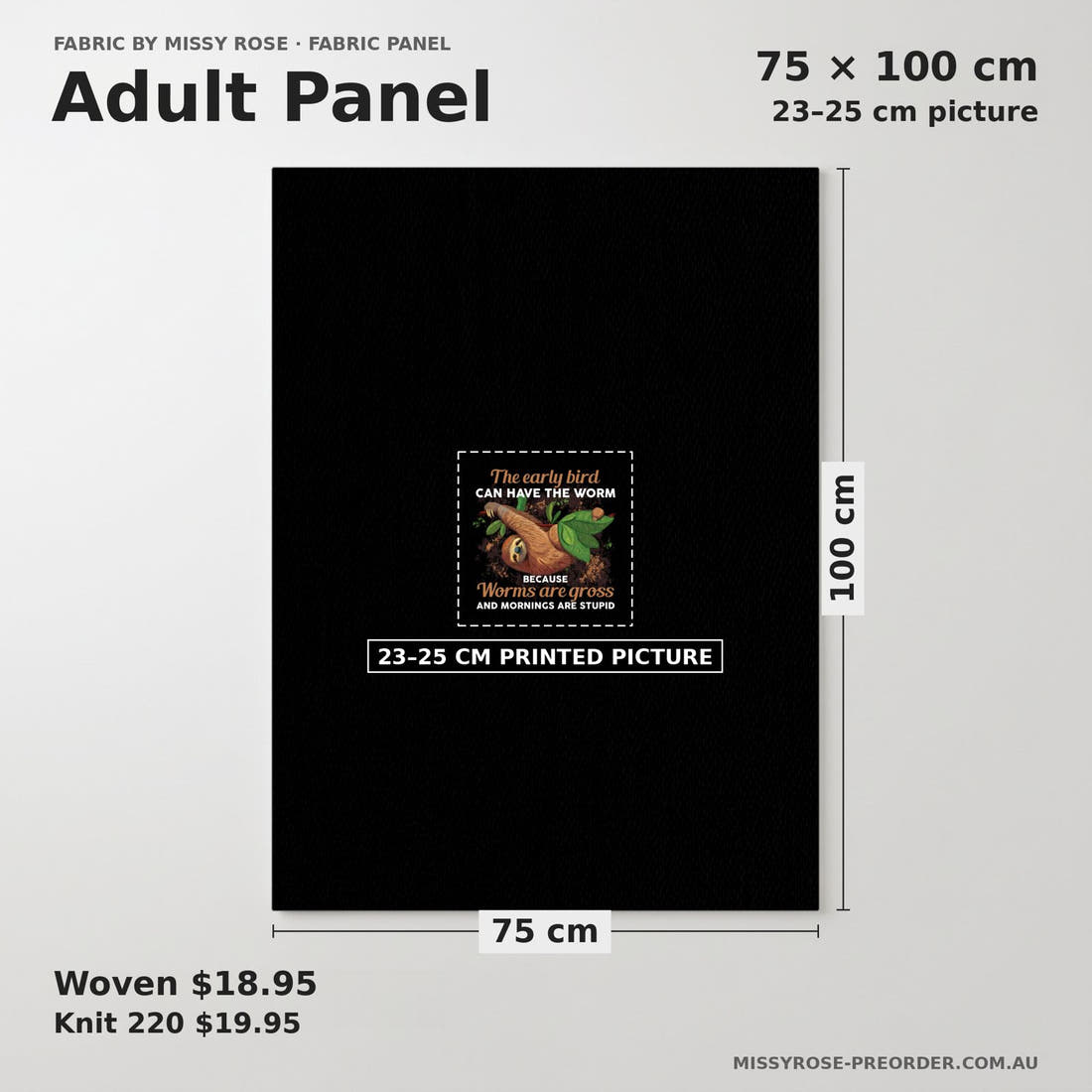 Design 269 Sloth Panel adult panel sizing – 23–25 cm printed picture on 75 × 100 cm fabric | Fabric by Missy Rose