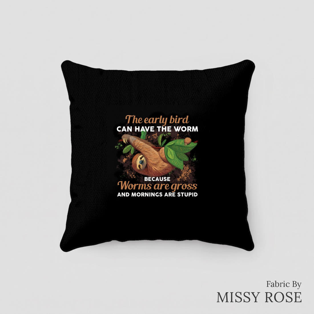 Design 269 Sloth Panel sewn into a cushion – see how the panel looks made up | Fabric by Missy Rose