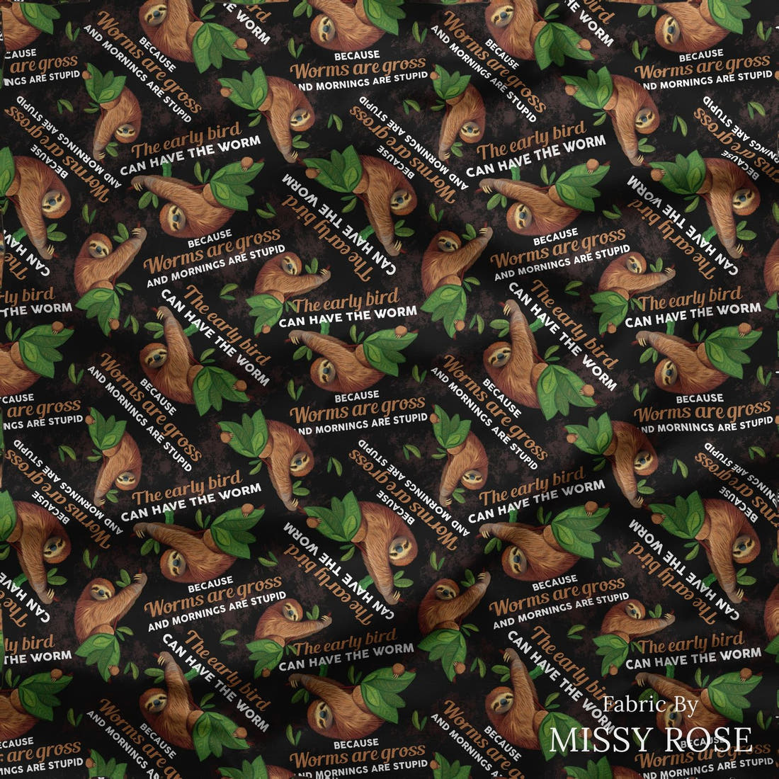 Design 269 Sloth Fabric draped fabric mockup – custom printed fabric by the metre | Fabric by Missy Rose