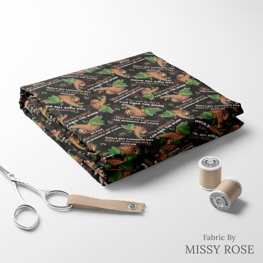 Design 269 Sloth Fabric folded fabric stack with matching thread – pre-order fabric Australia | Fabric by Missy Rose