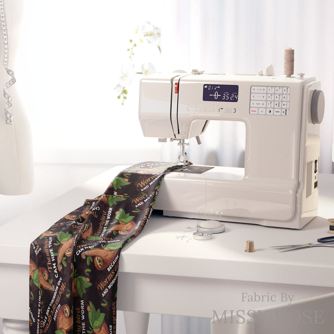 Design 269 Sloth Fabric on a sewing machine – premium fabric for sewing projects | Fabric by Missy Rose