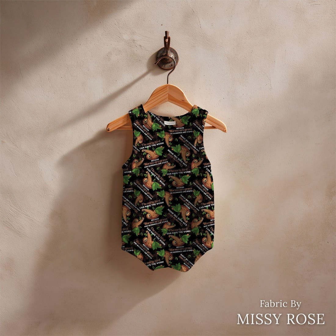 Design 269 Sloth Fabric sewn into a baby romper – see how the print looks made up | Fabric by Missy Rose