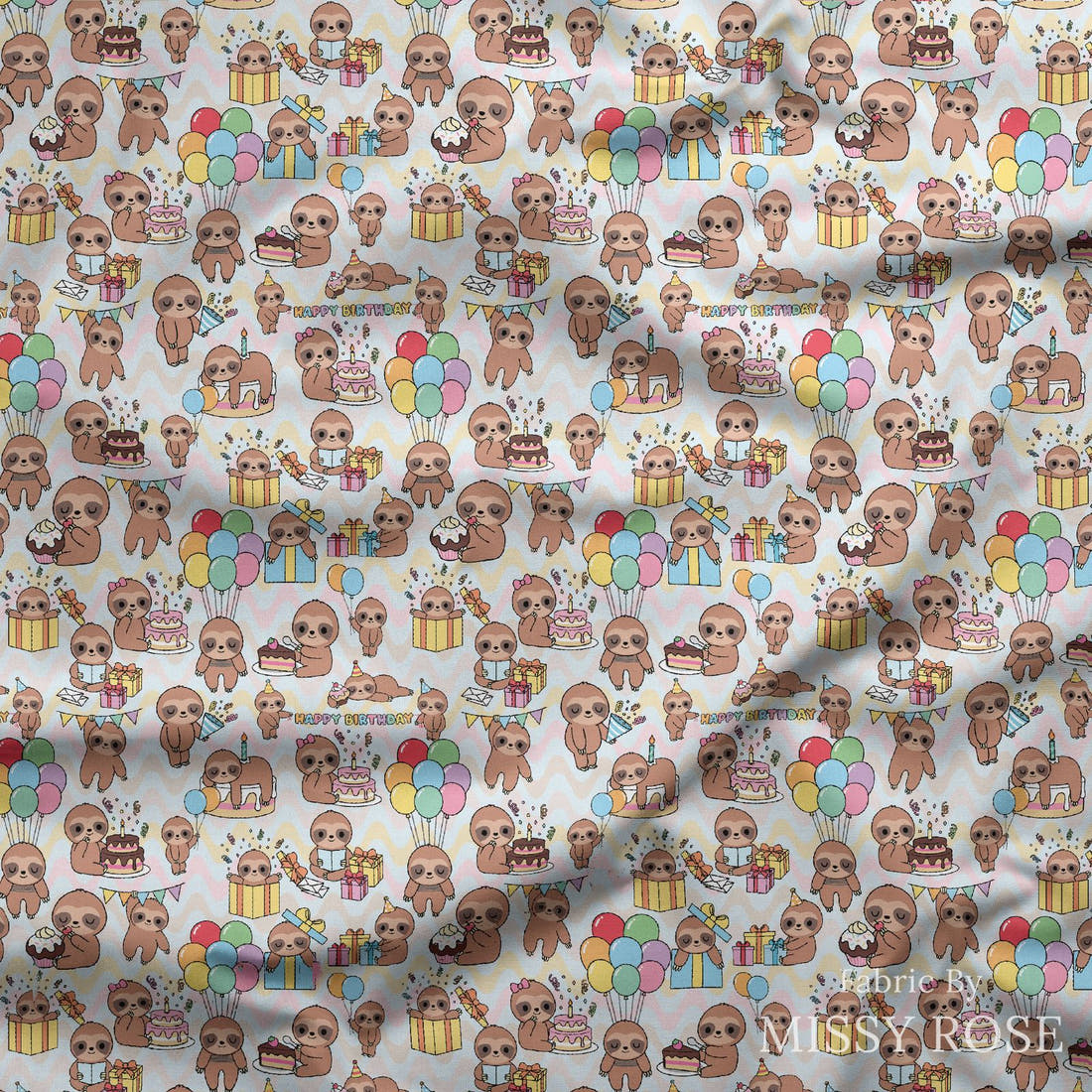 Design 27 Birthday Sloth Fabric draped fabric mockup – custom printed fabric by the metre | Fabric by Missy Rose
