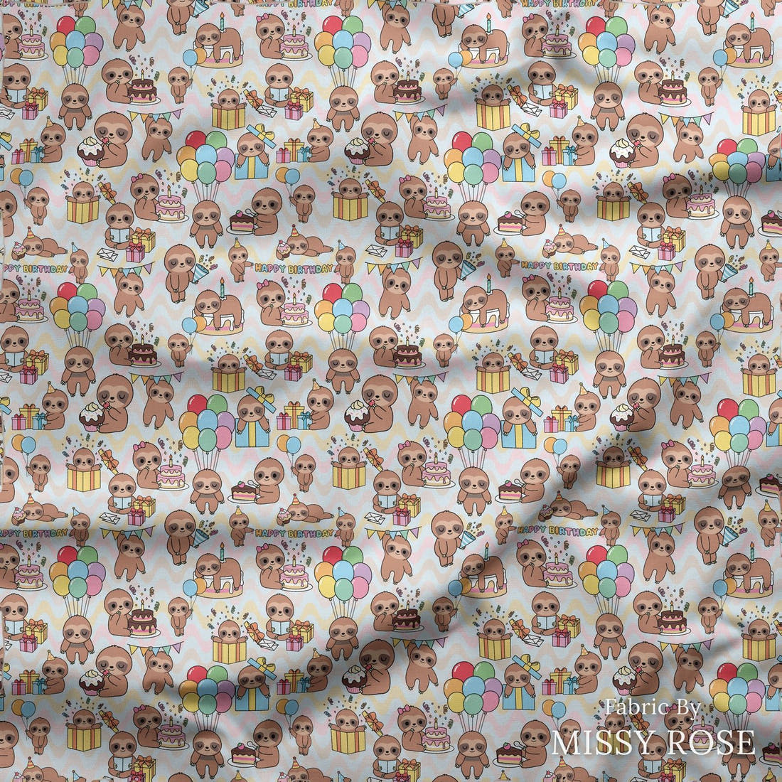Design 27 Birthday Sloth Fabric draped fabric mockup – custom printed fabric by the metre | Fabric by Missy Rose