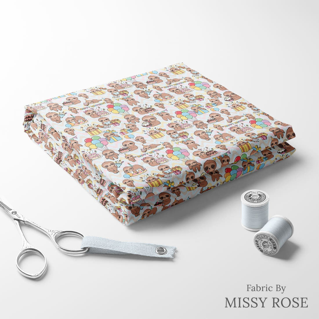 Design 27 Birthday Sloth Fabric folded fabric stack with matching thread – pre-order fabric Australia | Fabric by Missy Rose