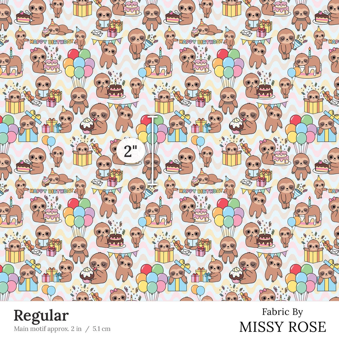Design 27 Birthday Sloth Fabric Regular 2 inch print scale guide | Fabric by Missy Rose