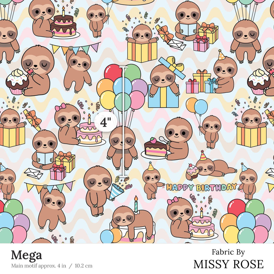 Design 27 Birthday Sloth Fabric Mega 4 inch print scale guide | Fabric by Missy Rose