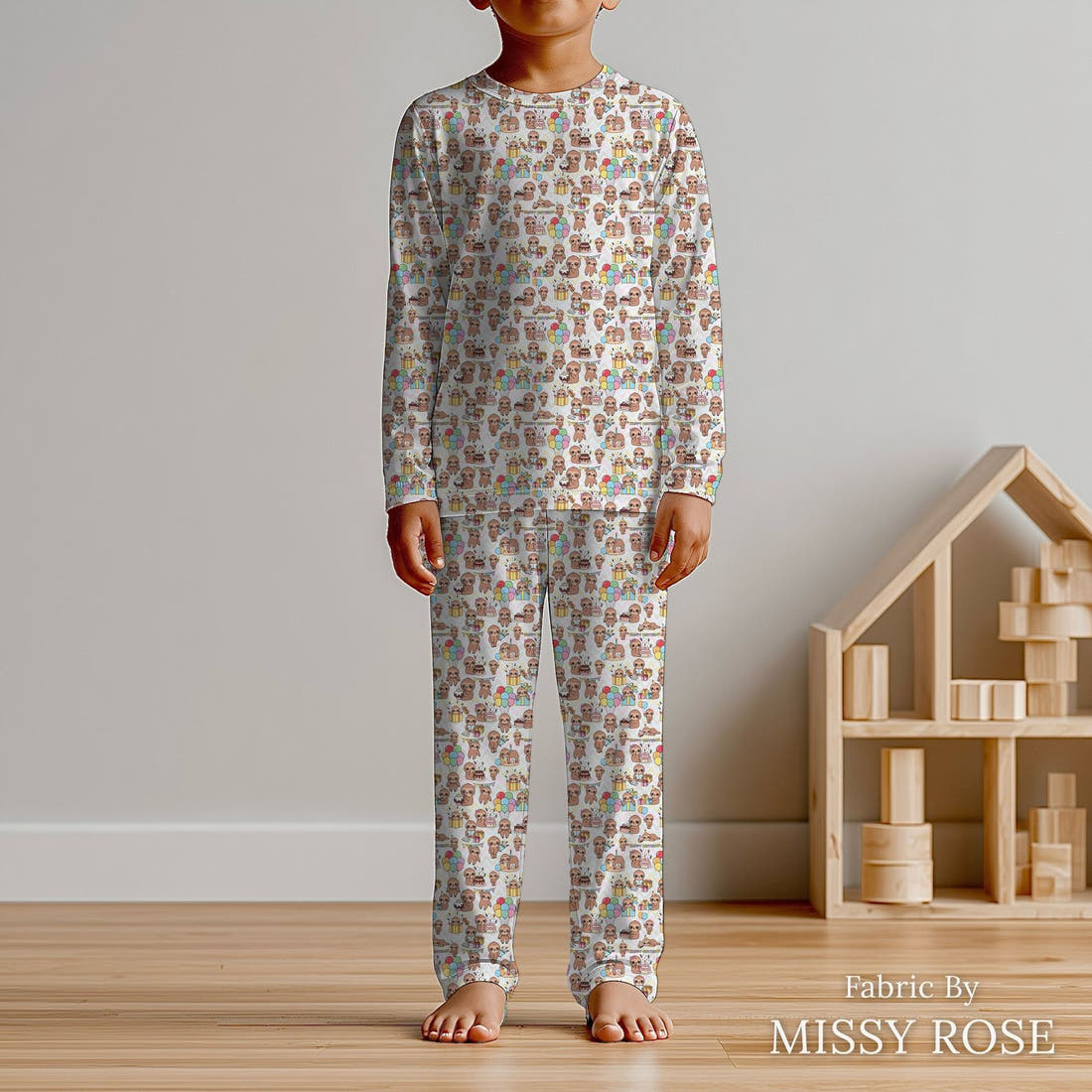Design 27 Birthday Sloth Fabric sewn into kids' pyjamas – see how the print looks made up | Fabric by Missy Rose