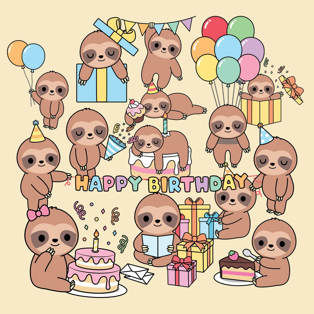 Design 27 Birthday Sloth Panel – full artwork close-up of the printed picture | Fabric by Missy Rose