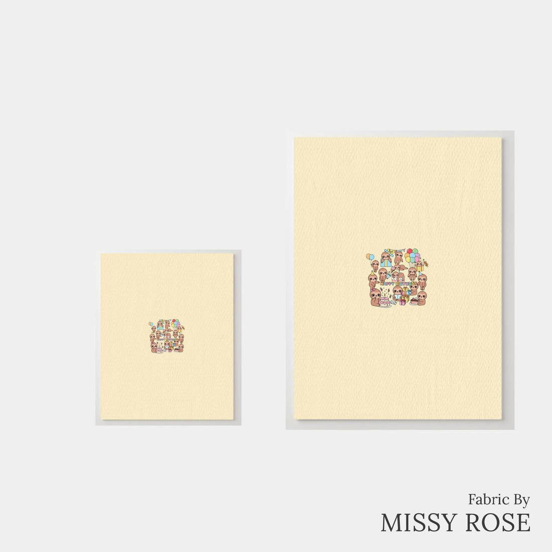 Design 27 Birthday Sloth Panel – universal and adult panel sizes side by side | Fabric by Missy Rose