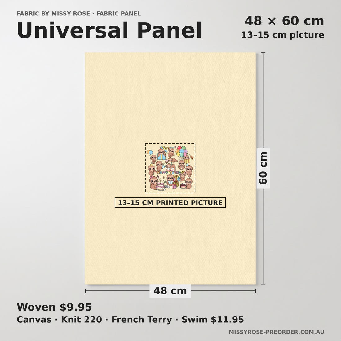 Design 27 Birthday Sloth Panel universal panel sizing – 13–15 cm printed picture on 48 × 60 cm fabric | Fabric by Missy Rose