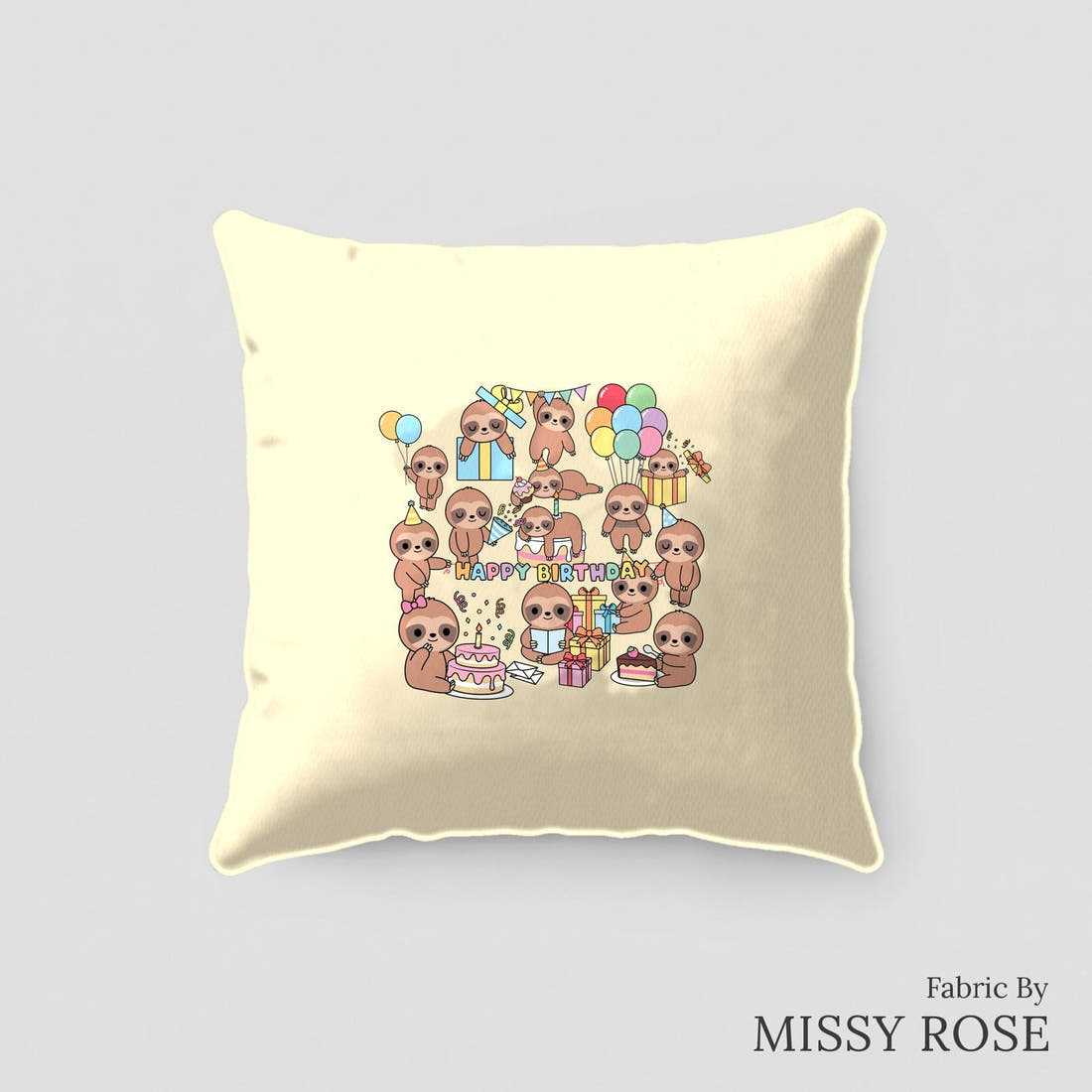 Design 27 Birthday Sloth Panel sewn into a cushion – see how the panel looks made up | Fabric by Missy Rose