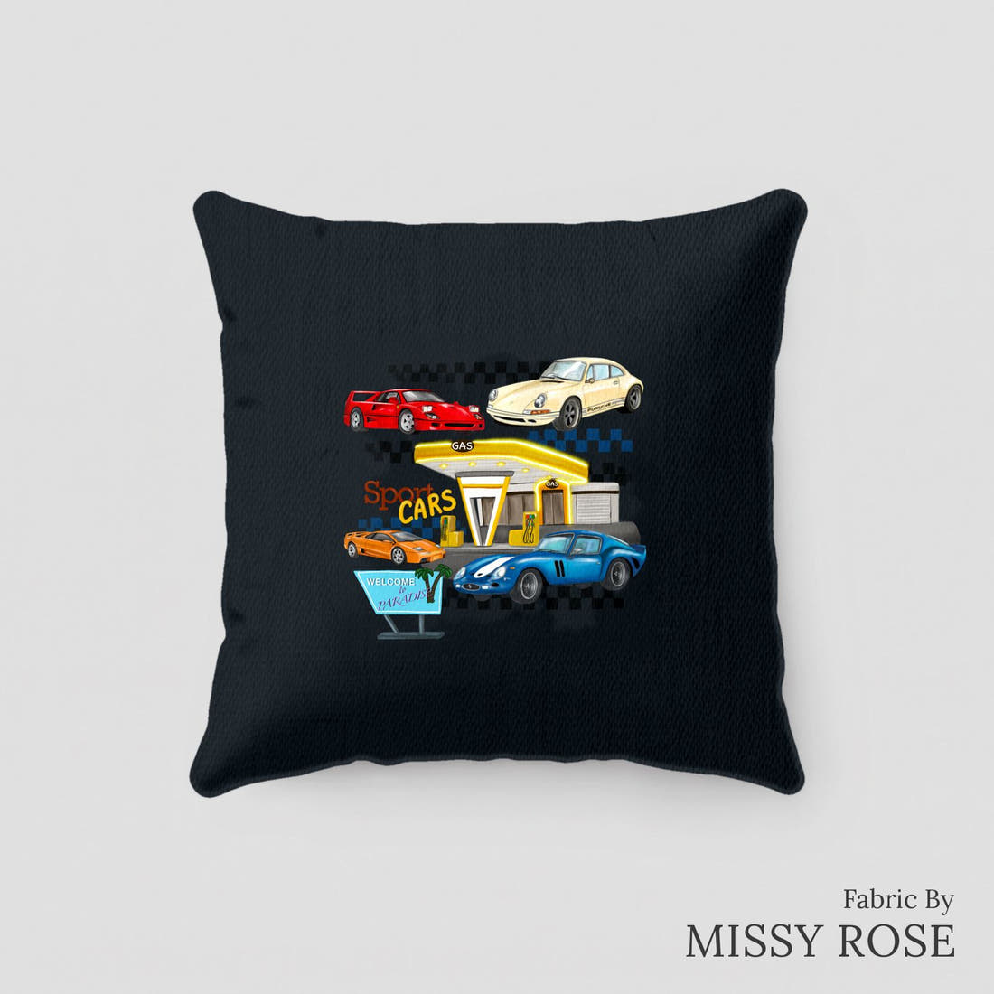Design 270 Vintage Cars Panel sewn into a cushion – see how the panel looks made up | Fabric by Missy Rose