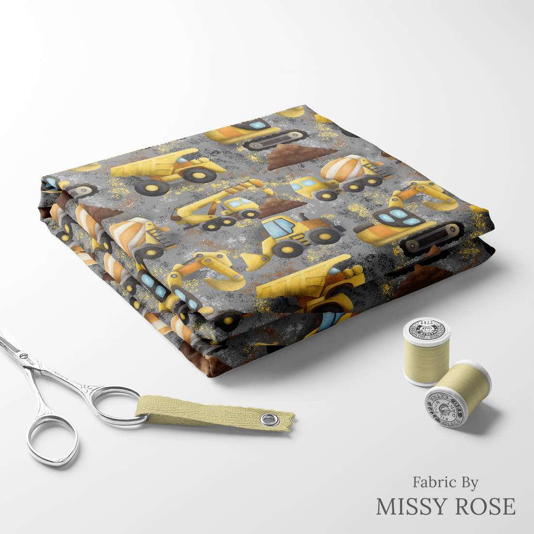 Design 271 Grey Construction Fabric folded fabric stack with matching thread – pre-order fabric Australia | Fabric by Missy Rose