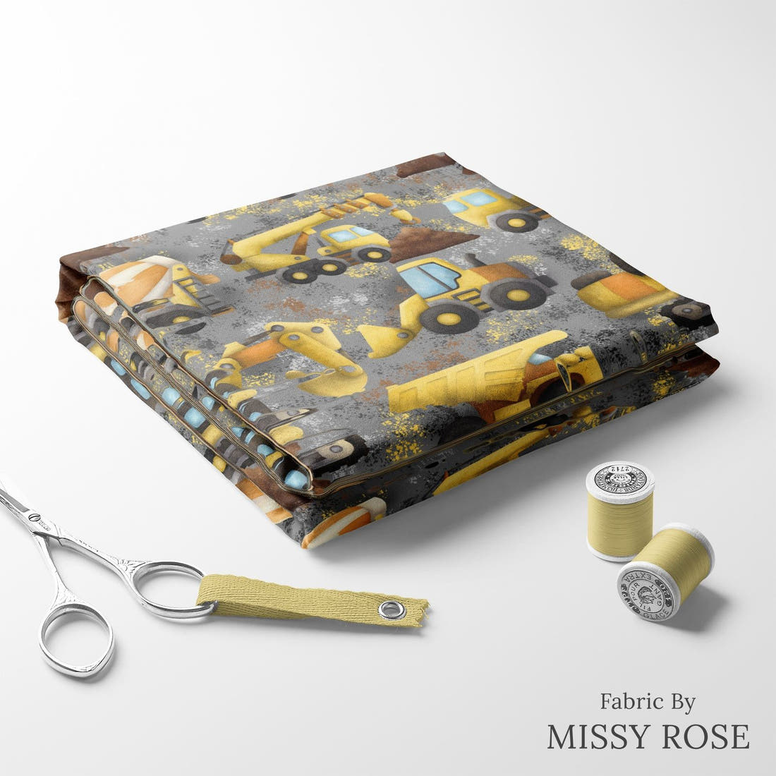 Design 271 Grey Construction Fabric folded fabric stack with matching thread – pre-order fabric Australia | Fabric by Missy Rose