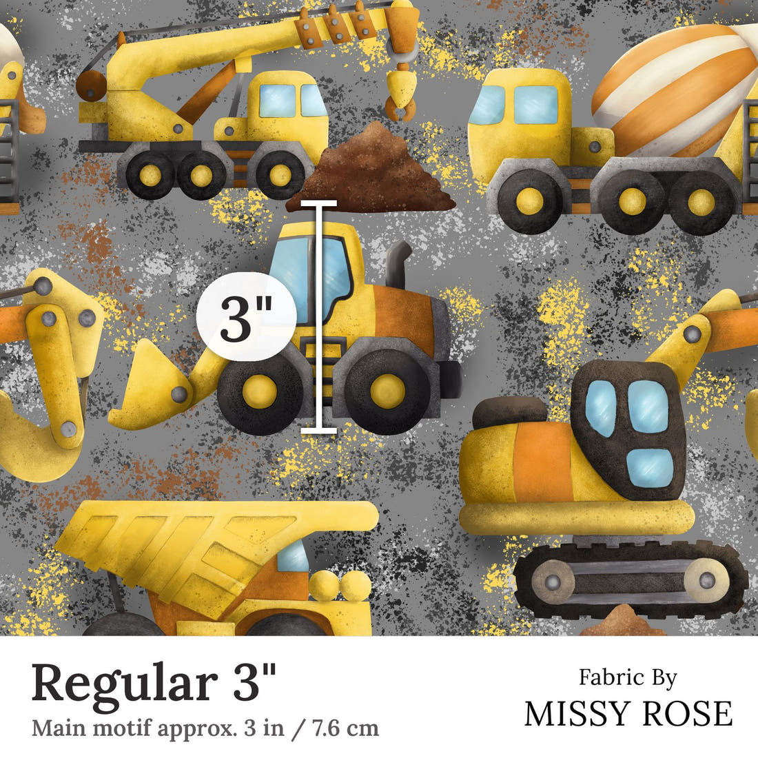 Design 271 Grey Construction Fabric Regular 3 inch print scale guide | Fabric by Missy Rose