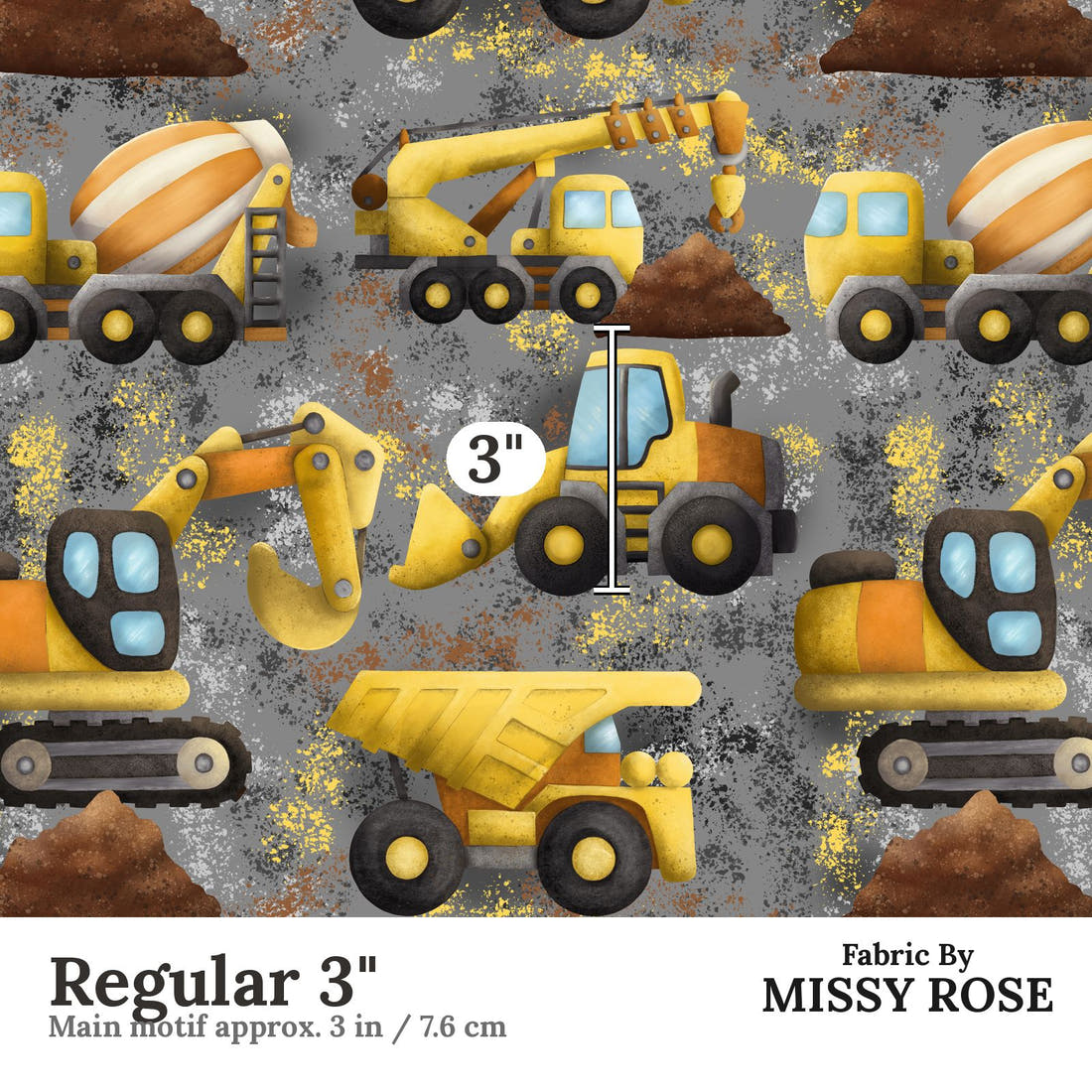 Design 271 Grey Construction Fabric Regular 3" - print scale | Fabric by Missy Rose