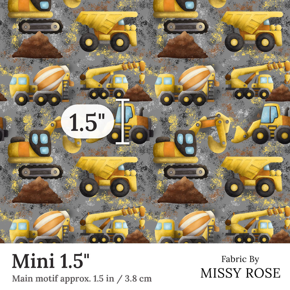 Design 271 Grey Construction Fabric Mini 1.5 inch print scale guide | Fabric by Missy Rose