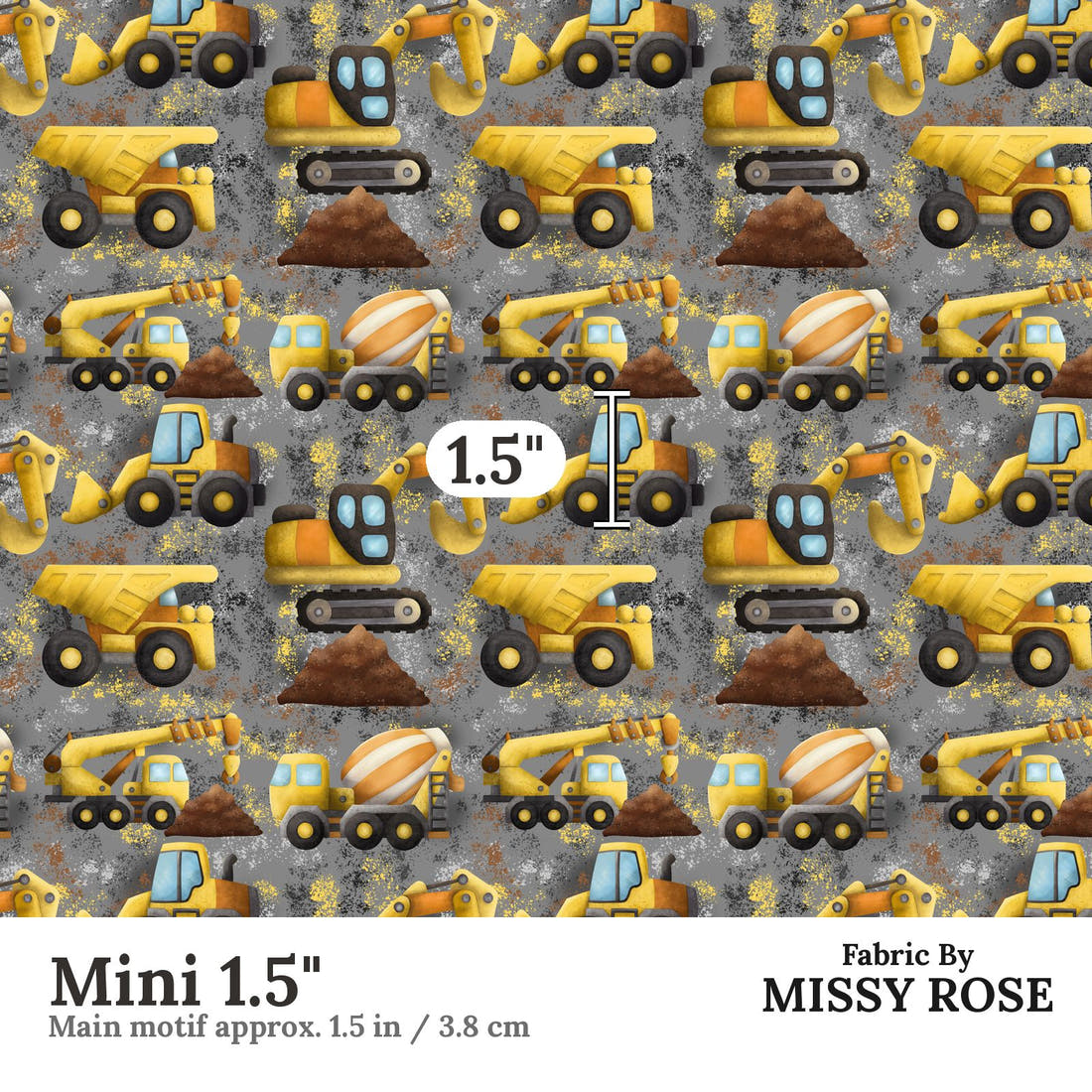 Design 271 Grey Construction Fabric Mini 1.5" - print scale | Fabric by Missy Rose