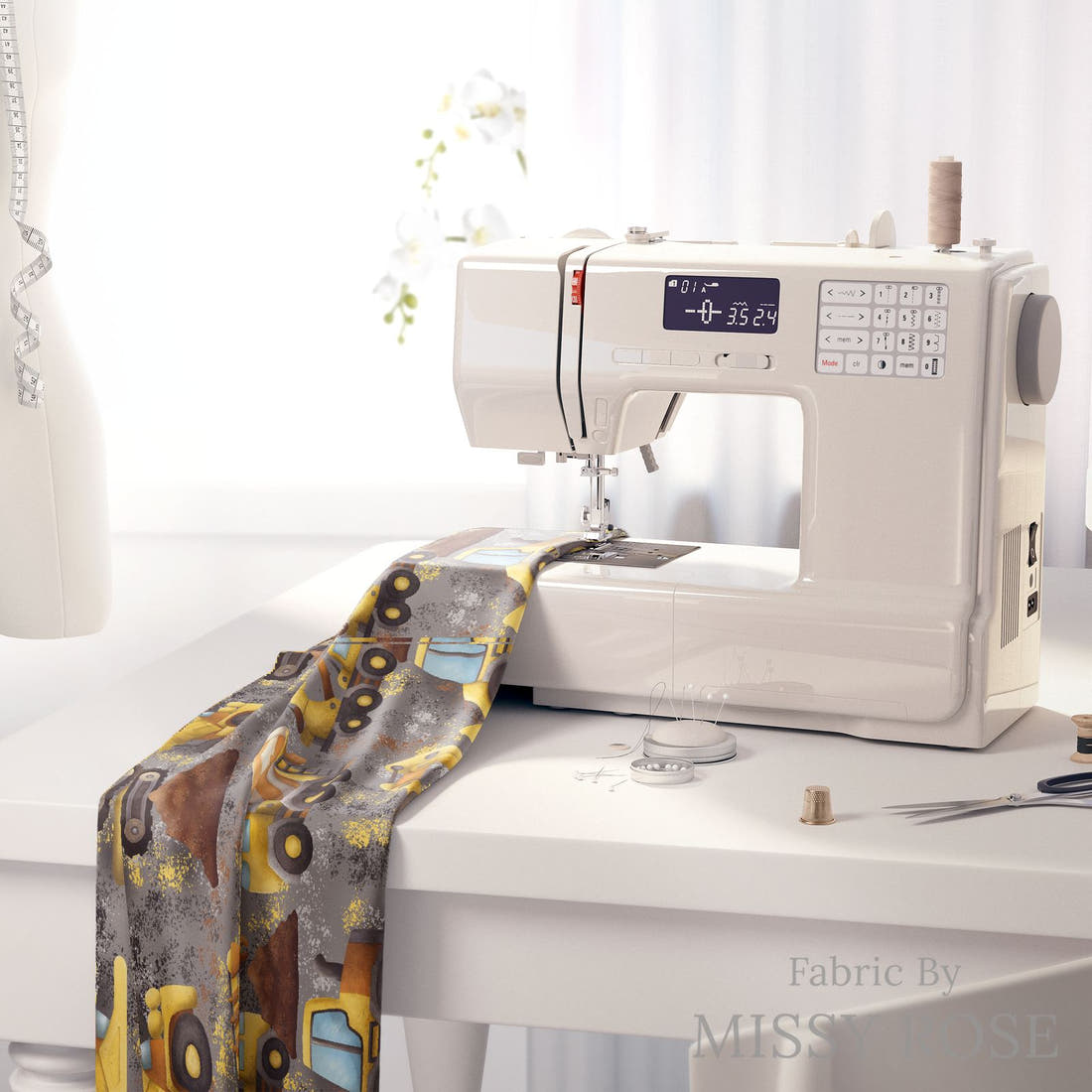 Design 271 Grey Construction Fabric on a sewing machine – premium fabric for sewing projects | Fabric by Missy Rose