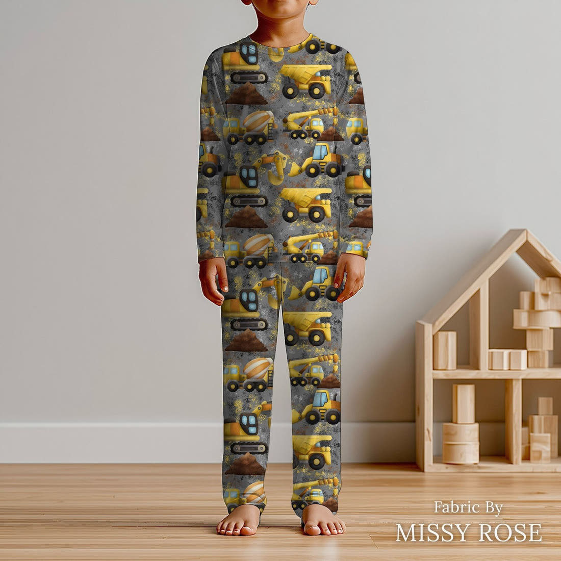 Design 271 Grey Construction Fabric sewn into kids' pyjamas – see how the print looks made up | Fabric by Missy Rose