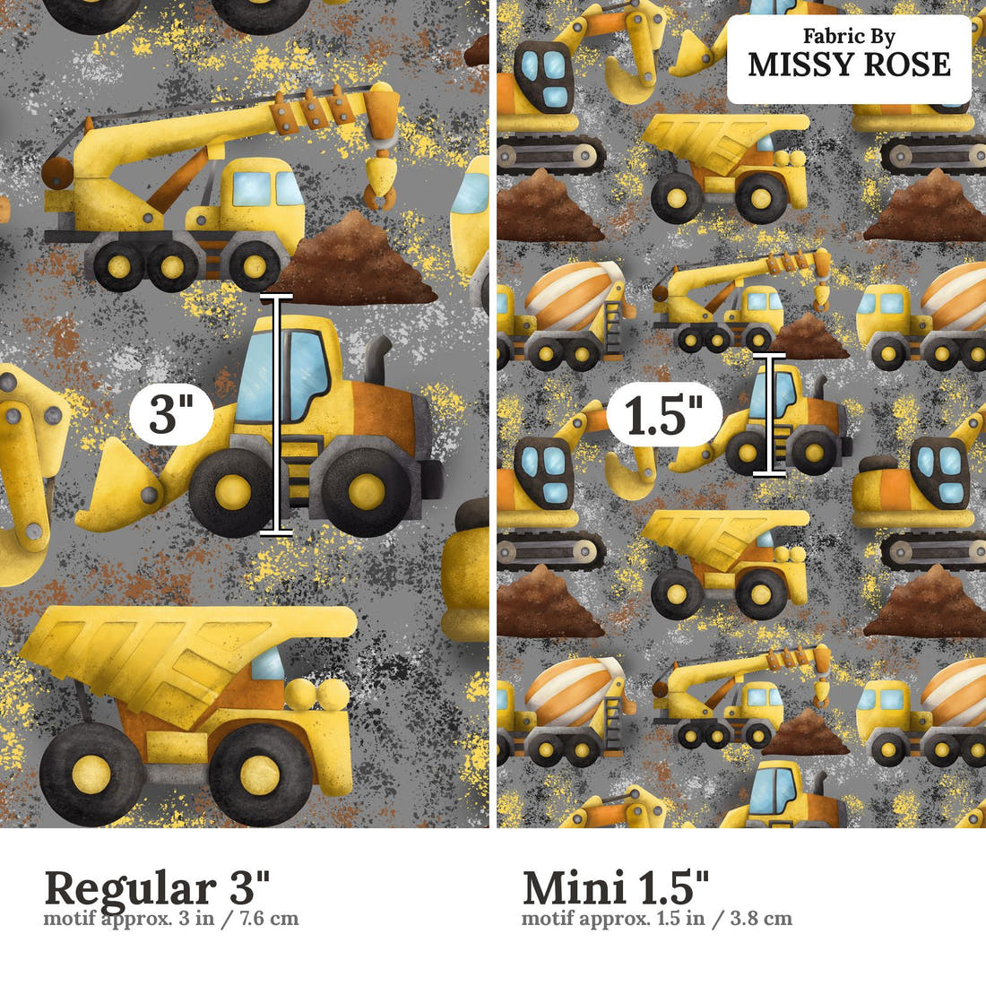 Design 271 Grey Construction Fabric size comparison - print scale | Fabric by Missy Rose