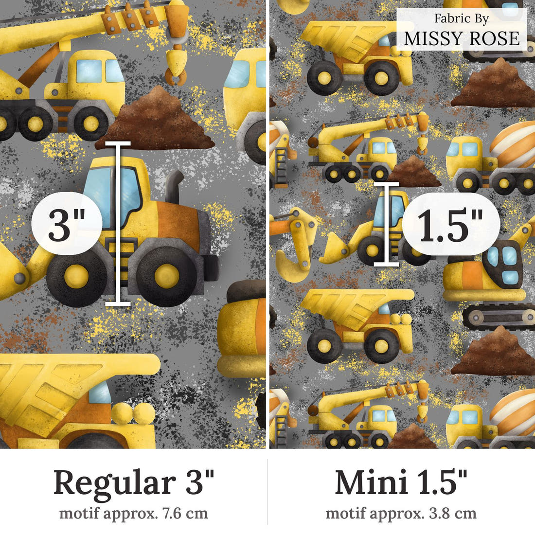 Design 271 Grey Construction Fabric Regular 3 inch vs Mini 1.5 inch print scale side by side | Fabric by Missy Rose