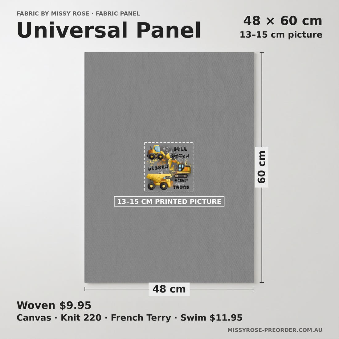 Design 271 Grey Construction Panel universal panel sizing – 13–15 cm printed picture on 48 × 60 cm fabric | Fabric by Missy Rose