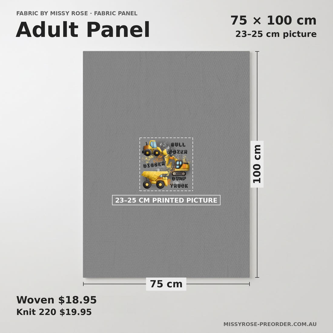 Design 271 Grey Construction Panel adult panel sizing – 23–25 cm printed picture on 75 × 100 cm fabric | Fabric by Missy Rose