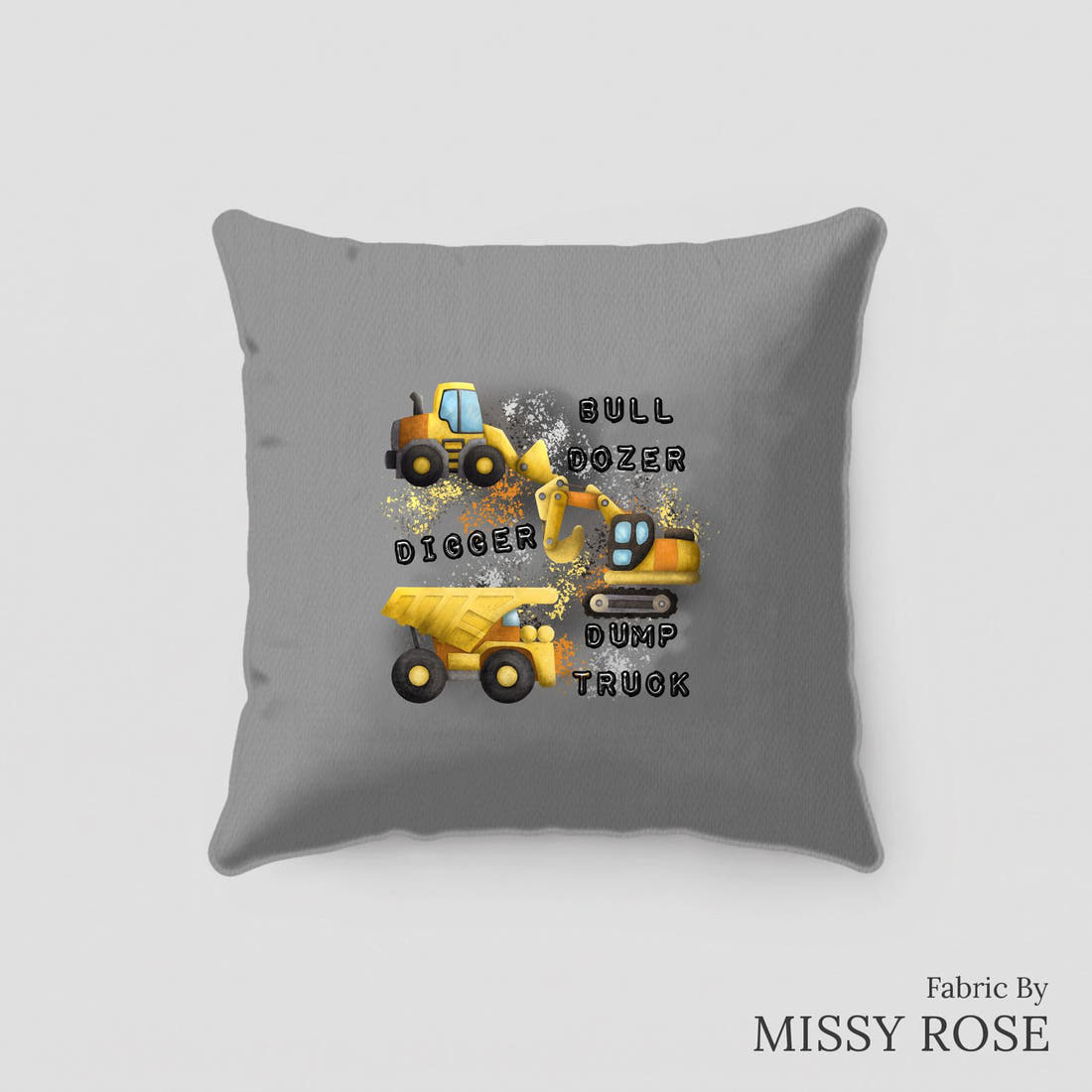 Design 271 Grey Construction Panel sewn into a cushion – see how the panel looks made up | Fabric by Missy Rose