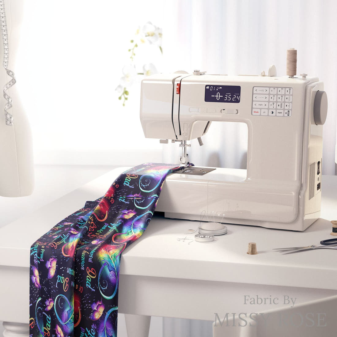 Design 272 Dad Fabric on a sewing machine – premium fabric for sewing projects | Fabric by Missy Rose