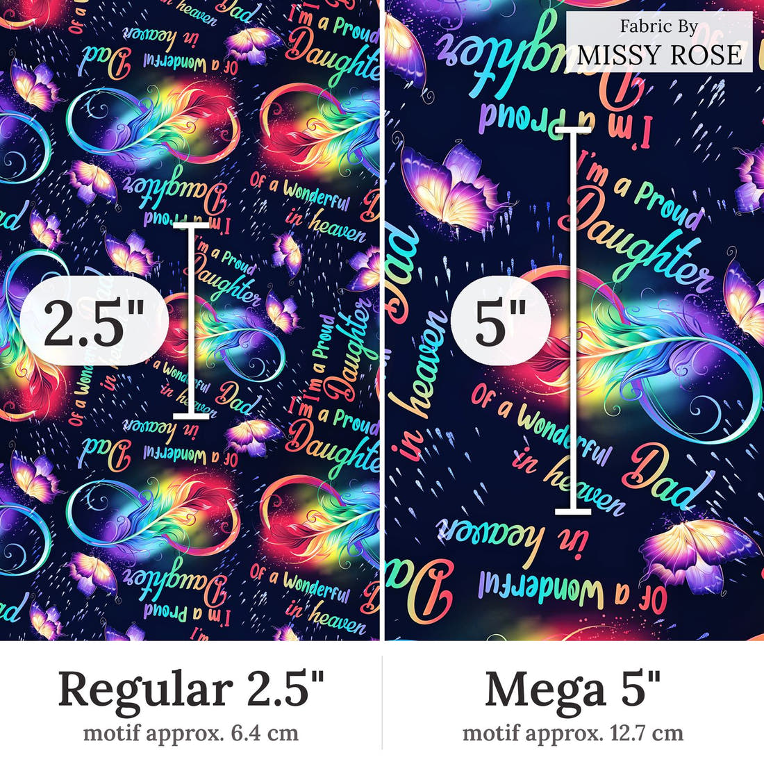 Design 272 Dad Fabric Regular 2.5 inch vs Mega 5 inch print scale side by side | Fabric by Missy Rose